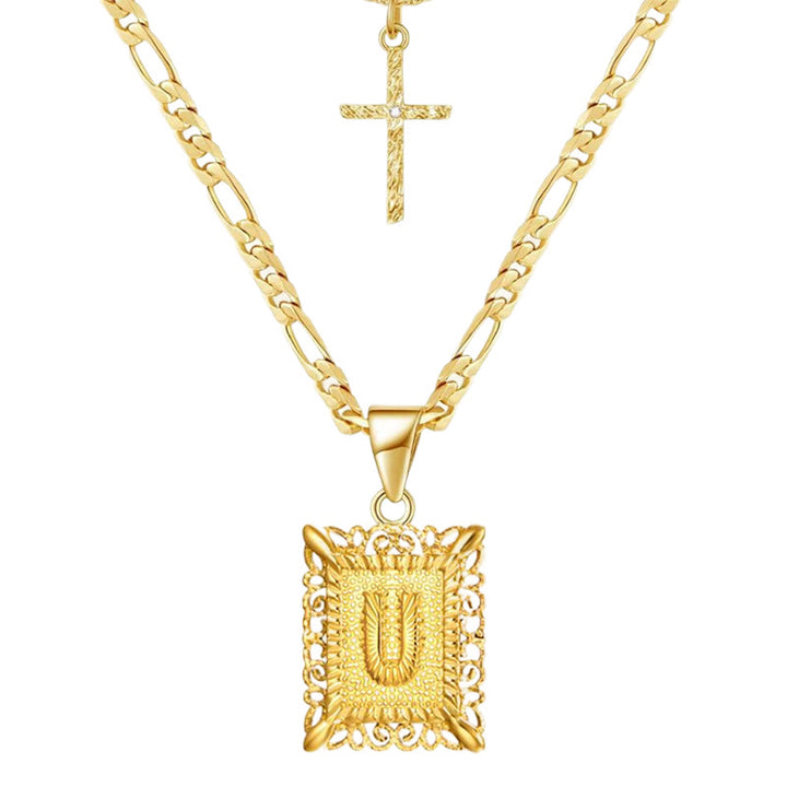 Golden Square Letter & Cross Hollow Necklace Double Chain - U - image 23