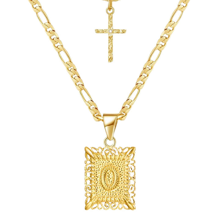 Golden Square Letter & Cross Hollow Necklace Double Chain - O - image 17