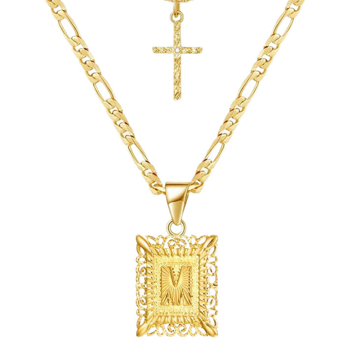 Golden Square Letter & Cross Hollow Necklace Double Chain - M - image 15