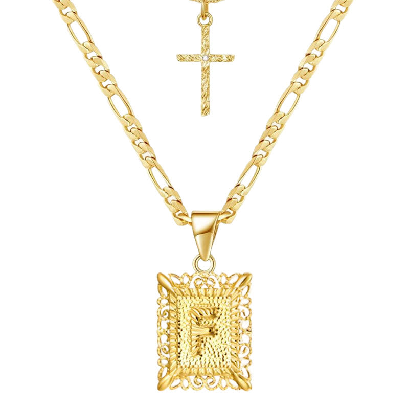 Golden Square Letter & Cross Hollow Necklace Double Chain - F - image 8