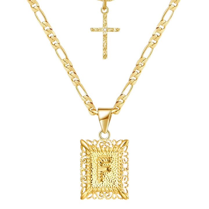 Golden Square Letter & Cross Hollow Necklace Double Chain - F - image 8