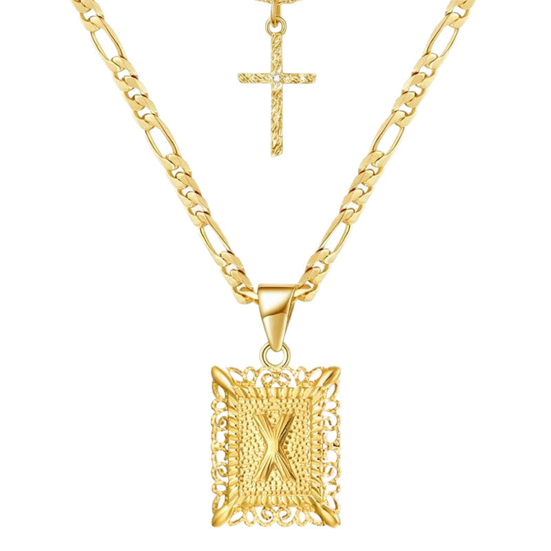 Golden Square Letter & Cross Hollow Necklace Double Chain - X - image 26