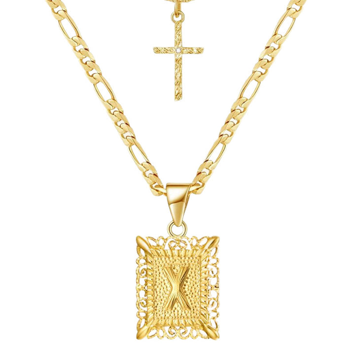 Golden Square Letter & Cross Hollow Necklace Double Chain - X - image 26