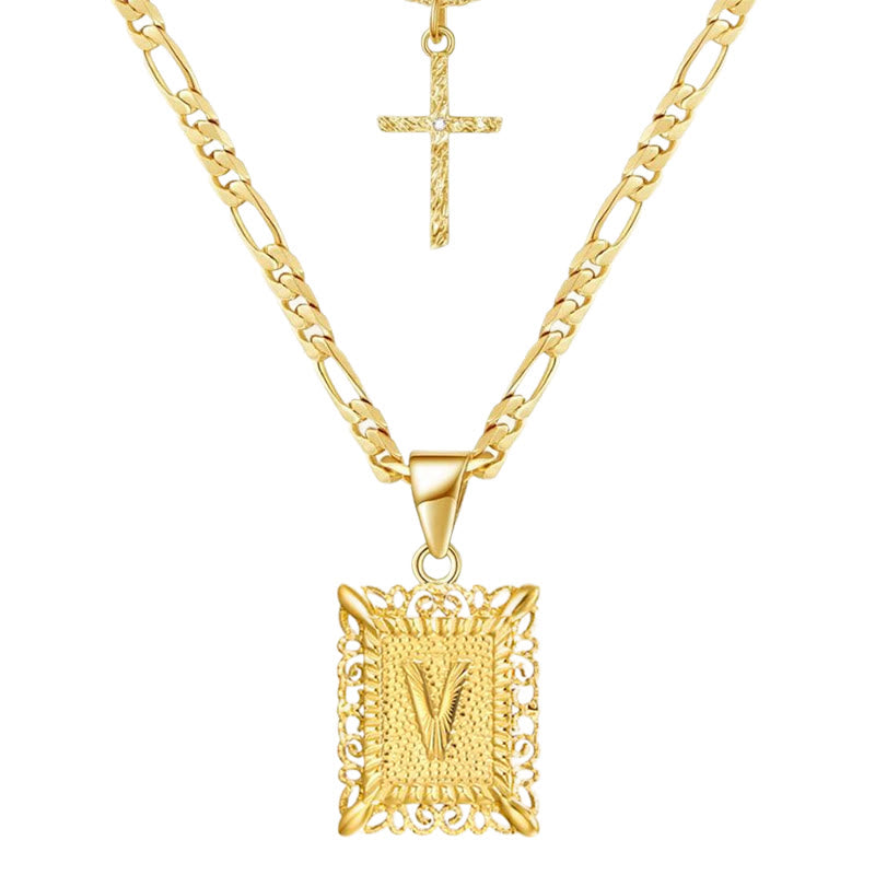 Golden Square Letter & Cross Hollow Necklace Double Chain - V - image 24