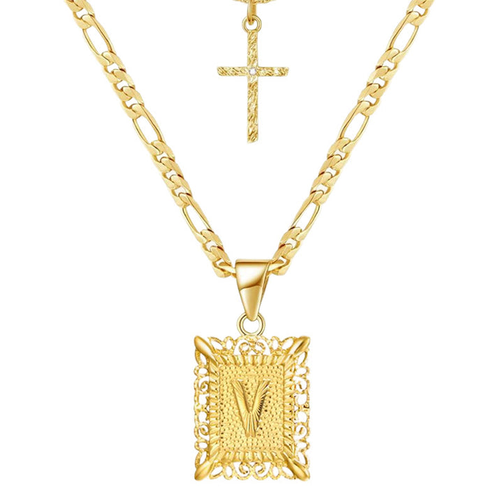 Golden Square Letter & Cross Hollow Necklace Double Chain - V - image 24