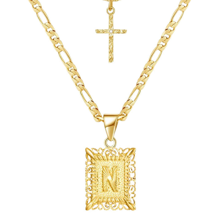 Golden Square Letter & Cross Hollow Necklace Double Chain - N - image 16