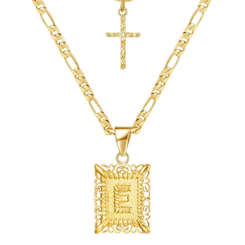 Golden Square Letter & Cross Hollow Necklace Double Chain - E - image 7