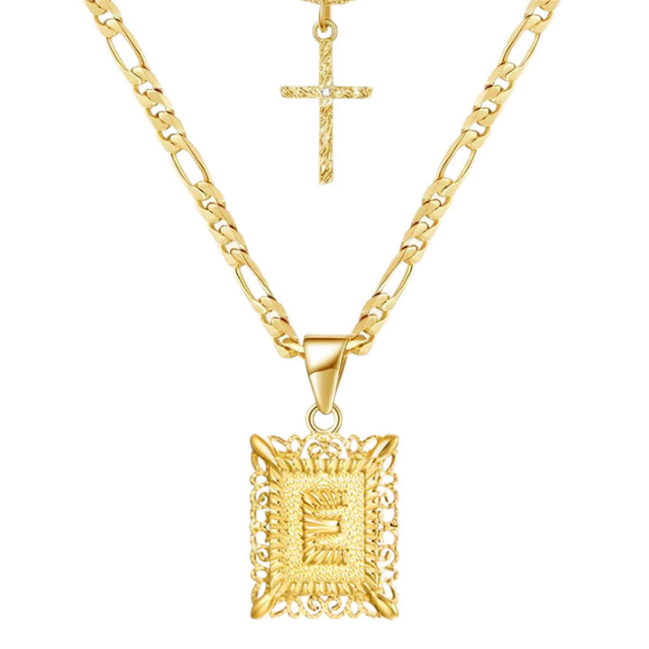 Golden Square Letter & Cross Hollow Necklace Double Chain - E - image 7