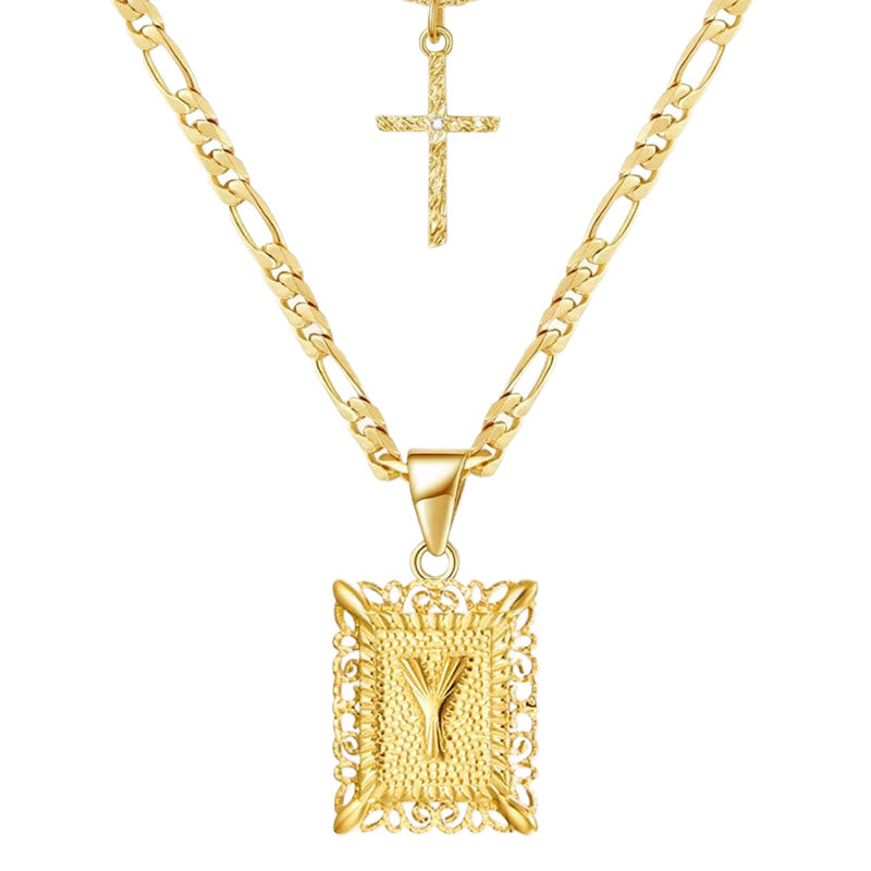 Golden Square Letter & Cross Hollow Necklace Double Chain - Y - image 27