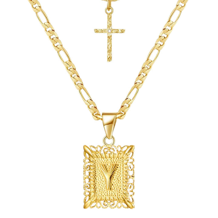 Golden Square Letter & Cross Hollow Necklace Double Chain - Y - image 27