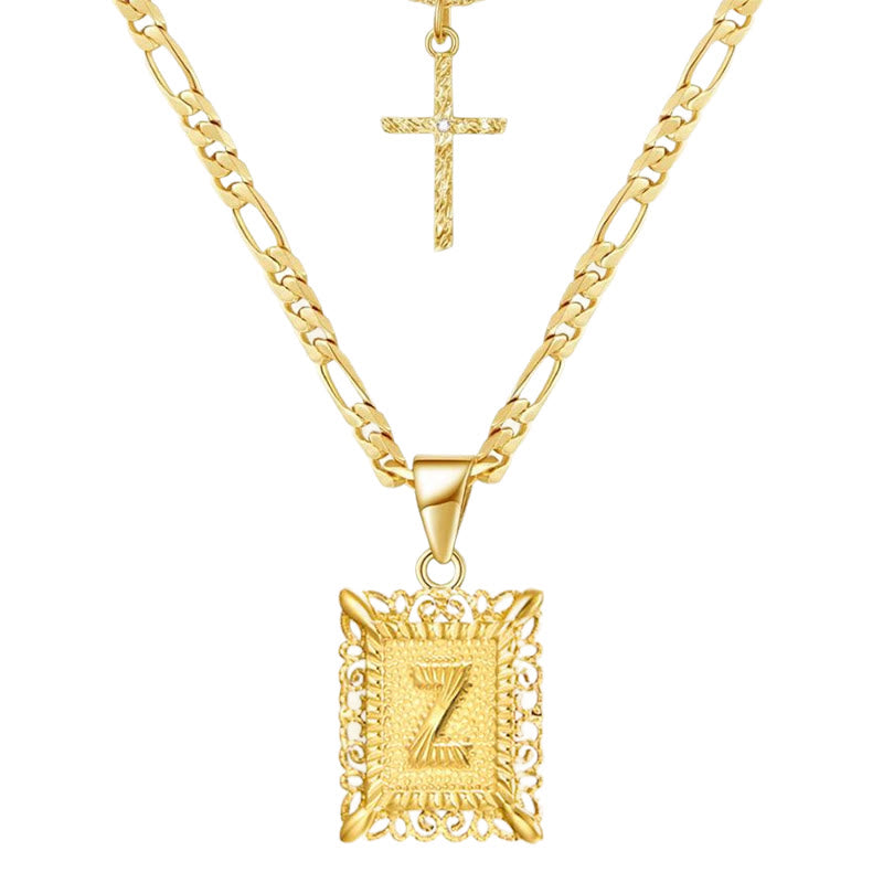 Golden Square Letter & Cross Hollow Necklace Double Chain - Z - image 28