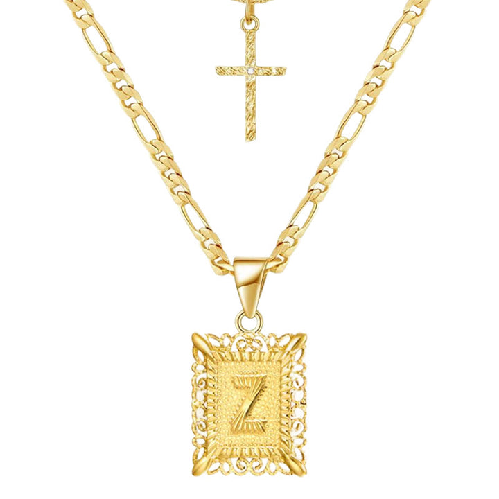 Golden Square Letter & Cross Hollow Necklace Double Chain - Z - image 28