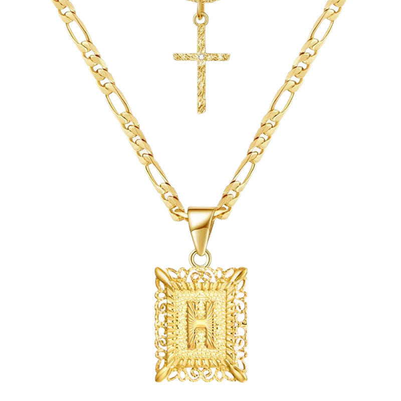 Golden Square Letter & Cross Hollow Necklace Double Chain - H - image 10