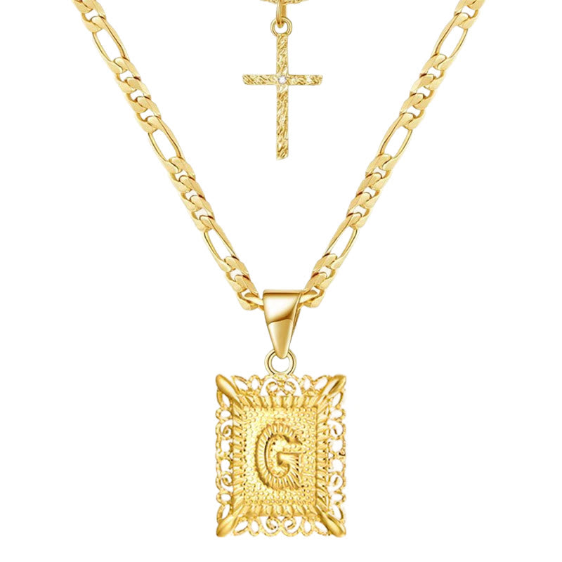 Golden Square Letter & Cross Hollow Necklace Double Chain - G - image 9