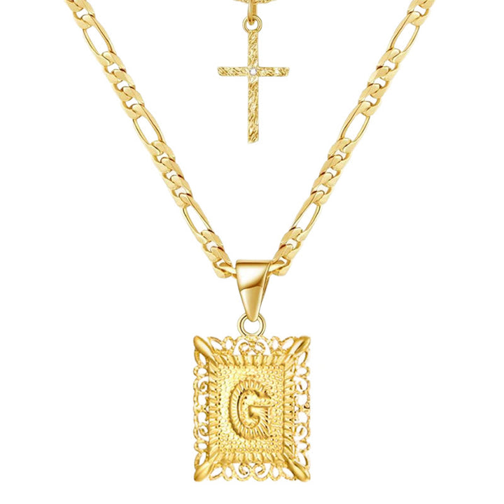 Golden Square Letter & Cross Hollow Necklace Double Chain - G - image 9