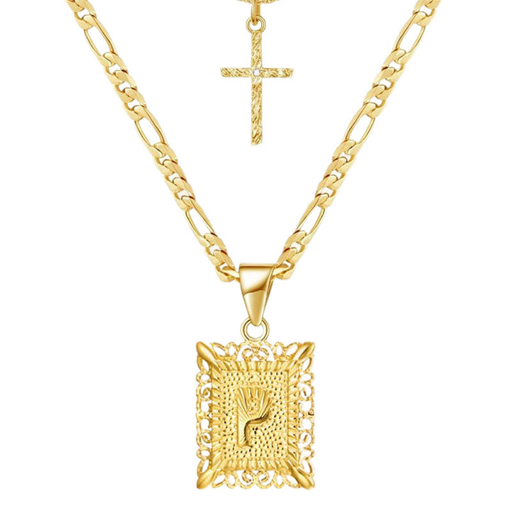 Golden Square Letter & Cross Hollow Necklace Double Chain - P - image 18