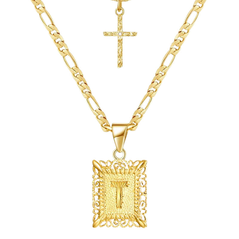 Golden Square Letter & Cross Hollow Necklace Double Chain - T - image 22