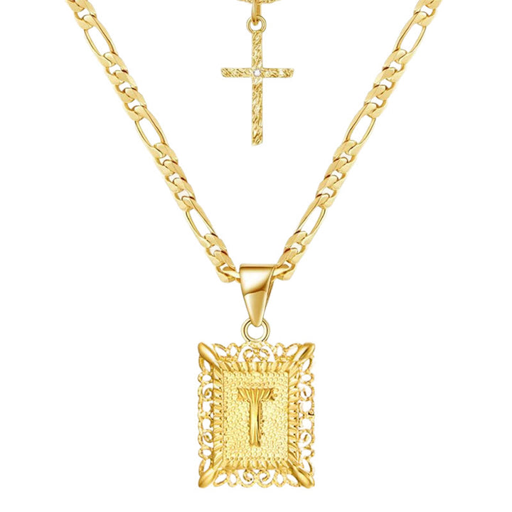 Golden Square Letter & Cross Hollow Necklace Double Chain - T - image 22