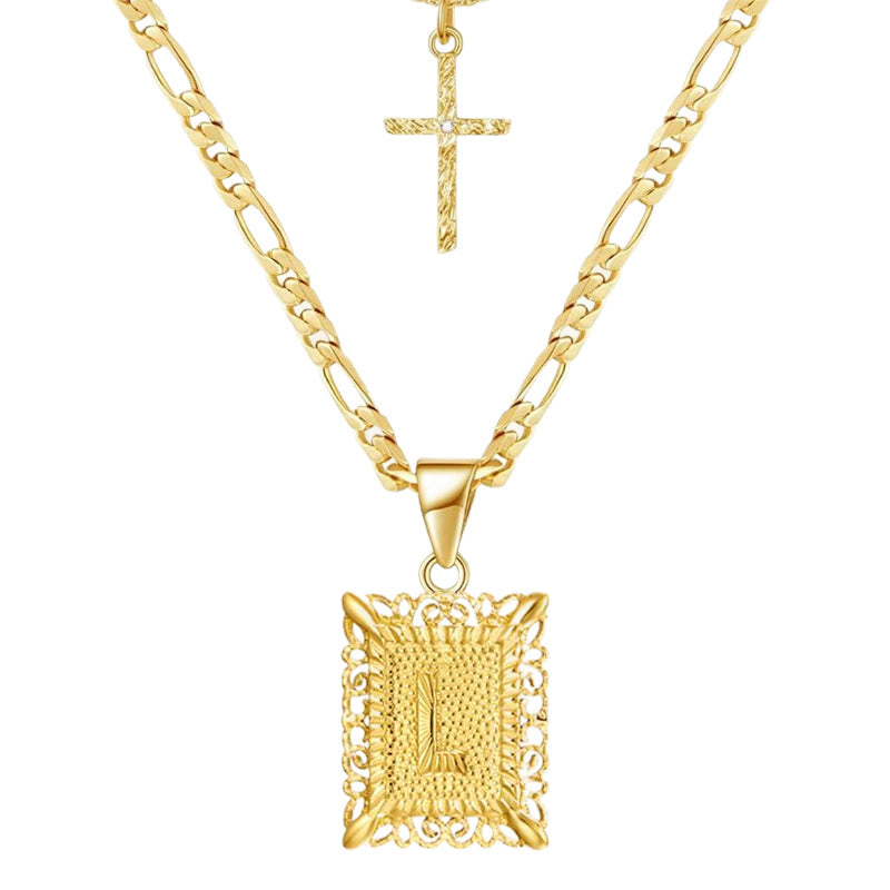 Golden Square Letter & Cross Hollow Necklace Double Chain - L - image 14
