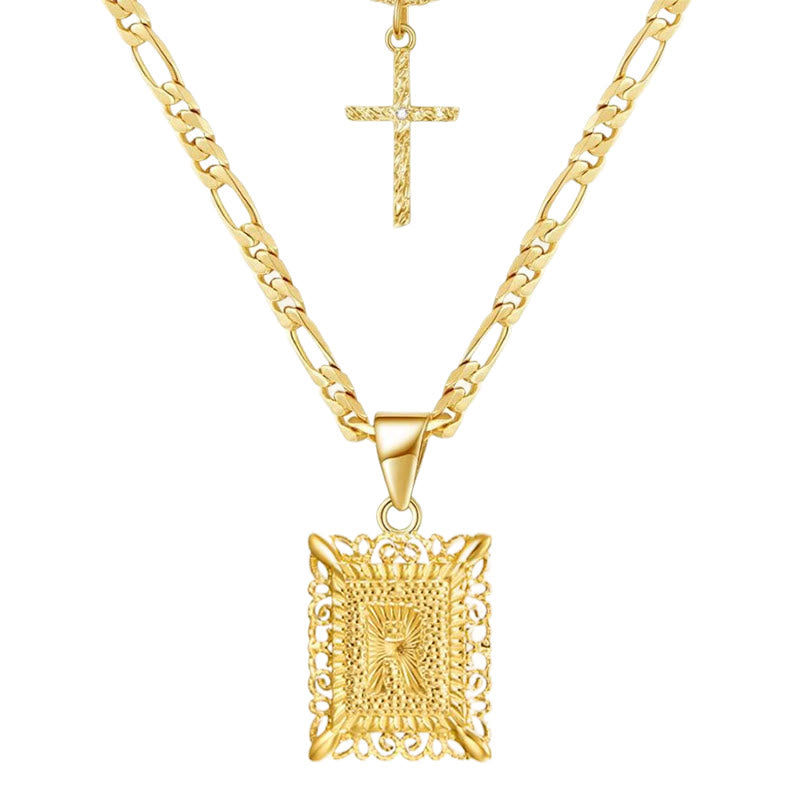 Golden Square Letter & Cross Hollow Necklace Double Chain - R - image 20