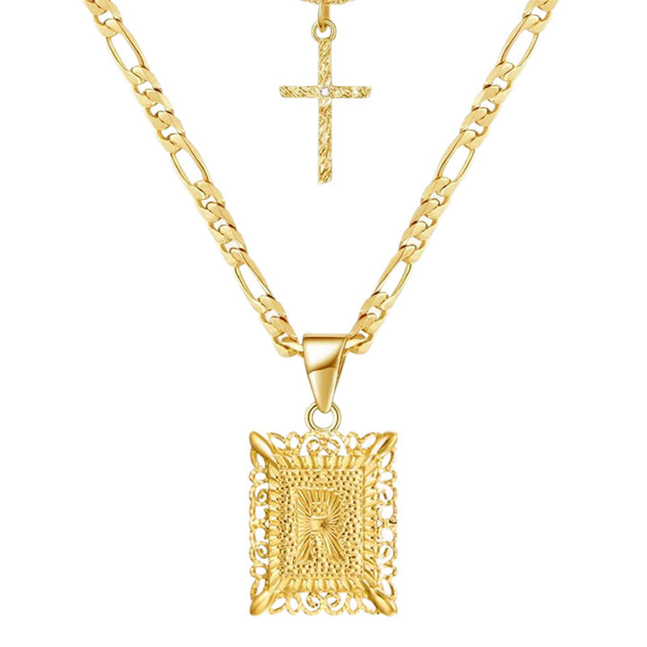 Golden Square Letter & Cross Hollow Necklace Double Chain - R - image 20