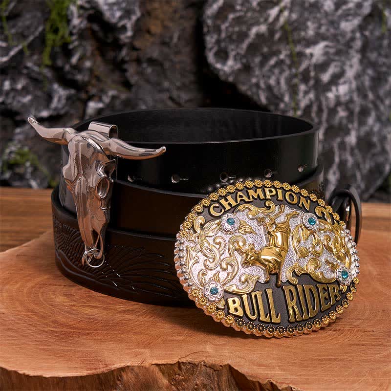 Golden DIY Bull Rider Belt Buckle Longhorn Bull Pendant Bundle Set - Bull Rider - Black Embossed Eagle Belt - 42 - image 3