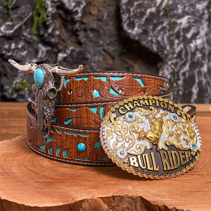Bull Rider DIY Belt Buckle Turquoise Longhorn Bull Pendant Bundle Set - Bull Rider - Turquoise Carved Belt - 42 - image 0