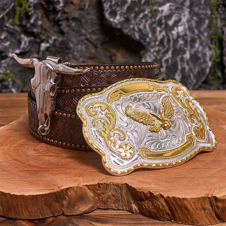 Gold Flying Eagle DIY Belt Buckle Longhorn Bull Pendant Bundle Set - Flying Eagle - Brown Rivet Belt - 42 - image 4