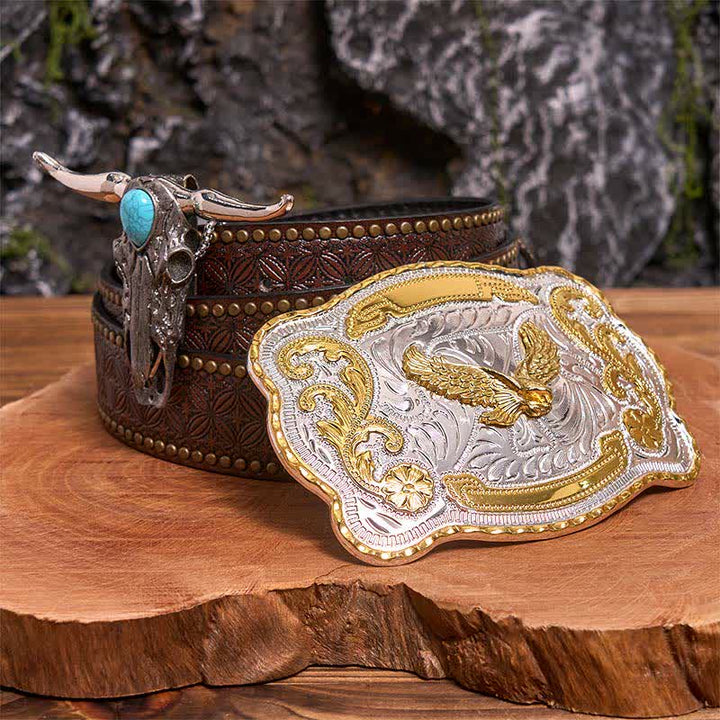 Gold Eagle DIY Belt Buckle Turquoise Longhorn Bull Pendant Bundle Set - Flying Eagle - Brown Rivet Belt - 42 - image 4