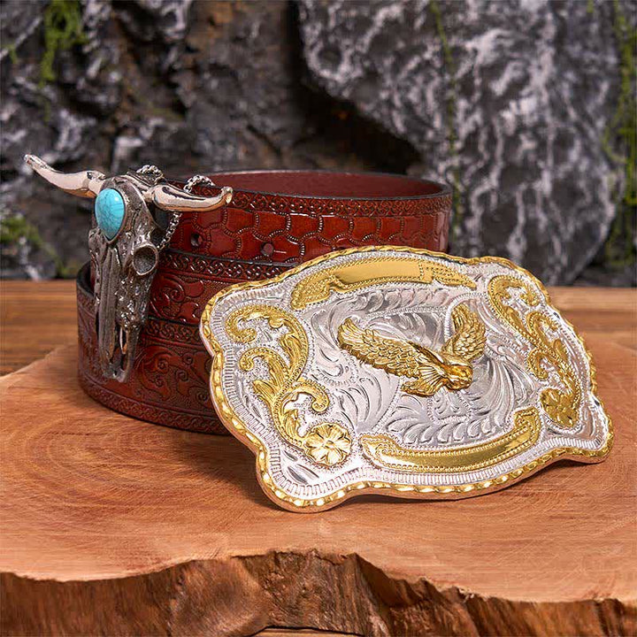 Gold Eagle DIY Belt Buckle Turquoise Longhorn Bull Pendant Bundle Set - Flying Eagle - Brown Carved Belt - 42 - image 6