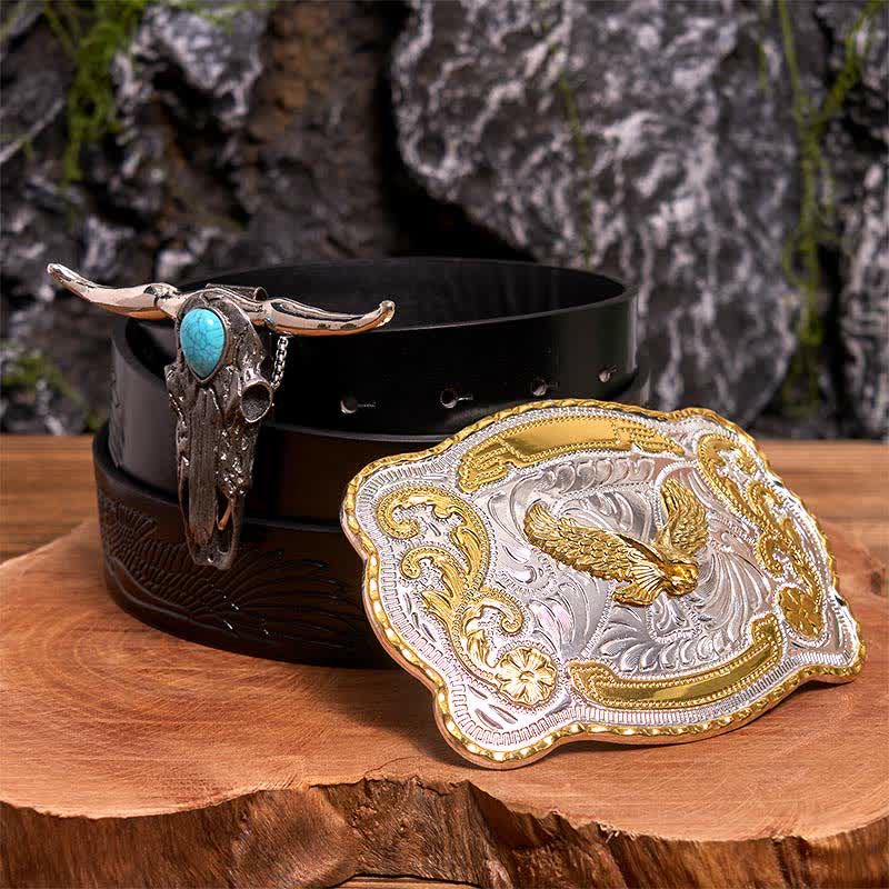 Gold Eagle DIY Belt Buckle Turquoise Longhorn Bull Pendant Bundle Set - Flying Eagle - Black Embossed Eagle Belt - 42 - image 0