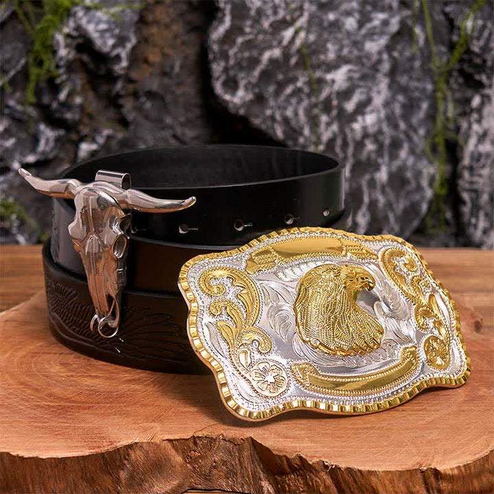 Gold Eagle Head DIY Belt Buckle Longhorn Bull Pendant Bundle Set - Eagle Head - Black Embossed Eagle Belt - 42 - image 0