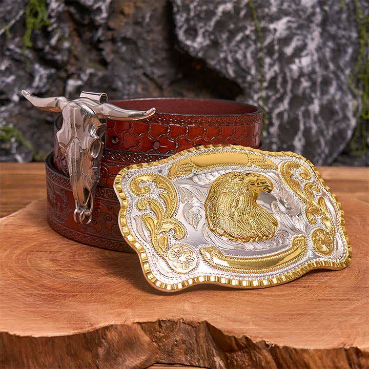 Gold Eagle Head DIY Belt Buckle Longhorn Bull Pendant Bundle Set - Eagle Head - Brown Carved Belt - 42 - image 6