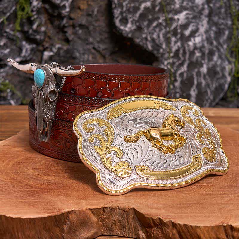 Gold Horse DIY Belt Buckle Turquoise Longhorn Bull Pendant Bundle Set - Horse - Brown Carved Belt - 42 - image 7