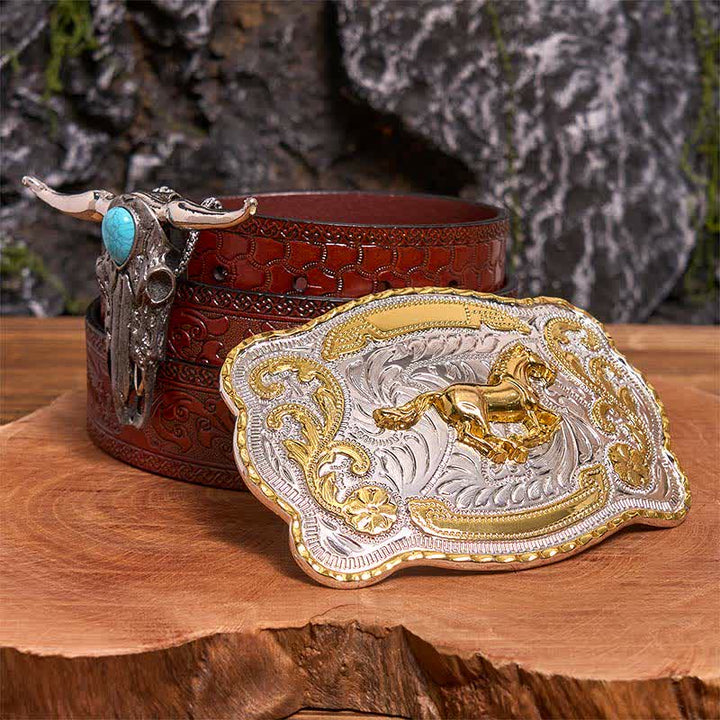 Gold Horse DIY Belt Buckle Turquoise Longhorn Bull Pendant Bundle Set - Horse - Brown Carved Belt - 42 - image 7