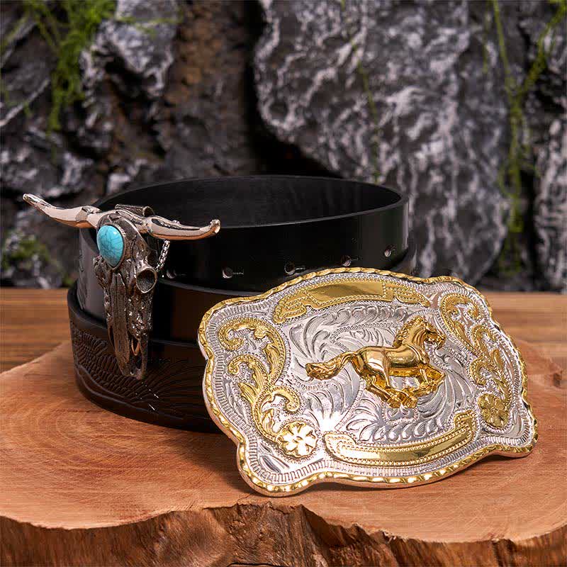 Gold Horse DIY Belt Buckle Turquoise Longhorn Bull Pendant Bundle Set - Horse - Black Embossed Eagle Belt - 42 - image 3