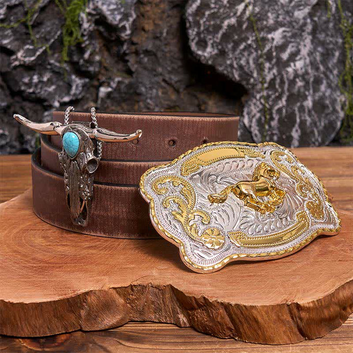 Gold Horse DIY Belt Buckle Turquoise Longhorn Bull Pendant Bundle Set - Horse - Brown Distressed Belt - 42 - image 6