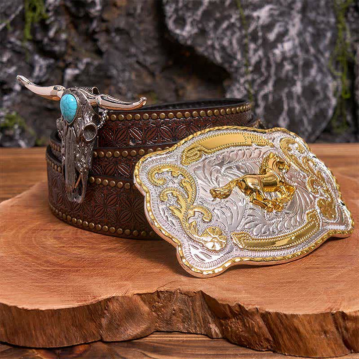 Gold Horse DIY Belt Buckle Turquoise Longhorn Bull Pendant Bundle Set - Horse - Brown Rivet Belt - 42 - image 5