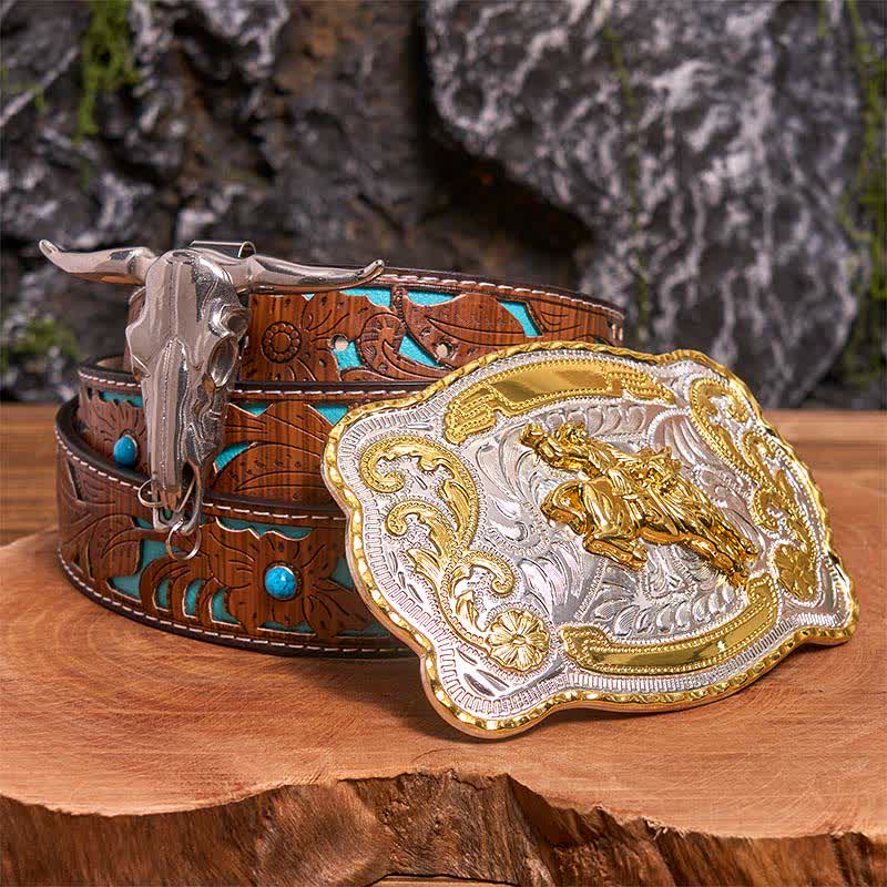 Horse Riding DIY Belt Buckle Longhorn Bull Pendant Bundle Set - Horse - Turquoise Carved Belt - 42 - image 4