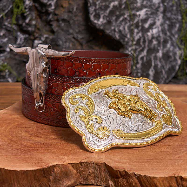 Horse Riding DIY Belt Buckle Longhorn Bull Pendant Bundle Set - Horse - Brown Carved Belt - 42 - image 7