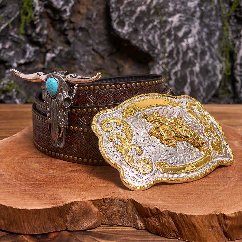 Horse Riding DIY Belt Buckle Turquoise Longhorn Bull Pendant Bundle Set - Horse Riding - Brown Rivet Belt - 42 - image 5