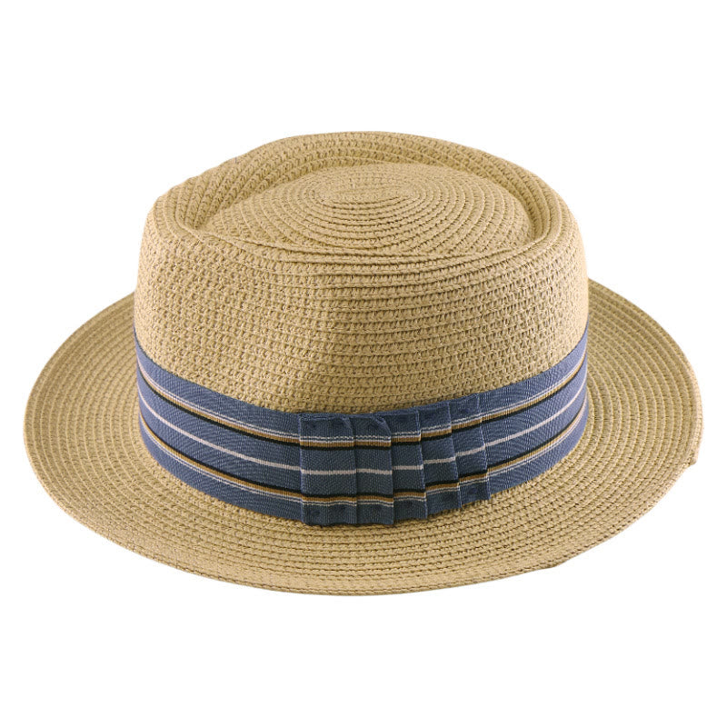 Colorful Striped Band Bow Men's Woven Cowboy Hat - Beige - Blue striped band - Adjustable (21 5/8"-23 1/4") - image 6