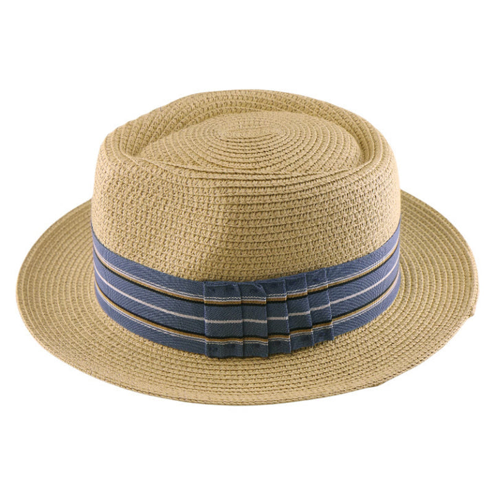 Colorful Striped Band Bow Men's Woven Cowboy Hat - Beige - Blue striped band - Adjustable (21 5/8"-23 1/4") - image 6