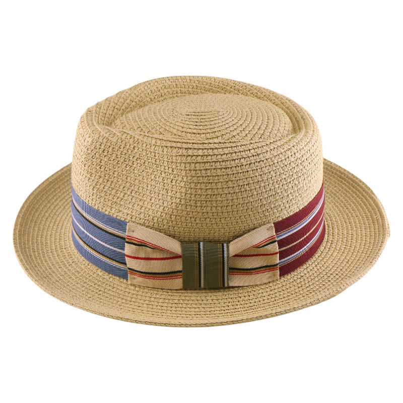 Colorful Striped Band Bow Men's Woven Cowboy Hat - Beige - Colorful spliced bow tie - Adjustable (21 5/8"-23 1/4") - image 2
