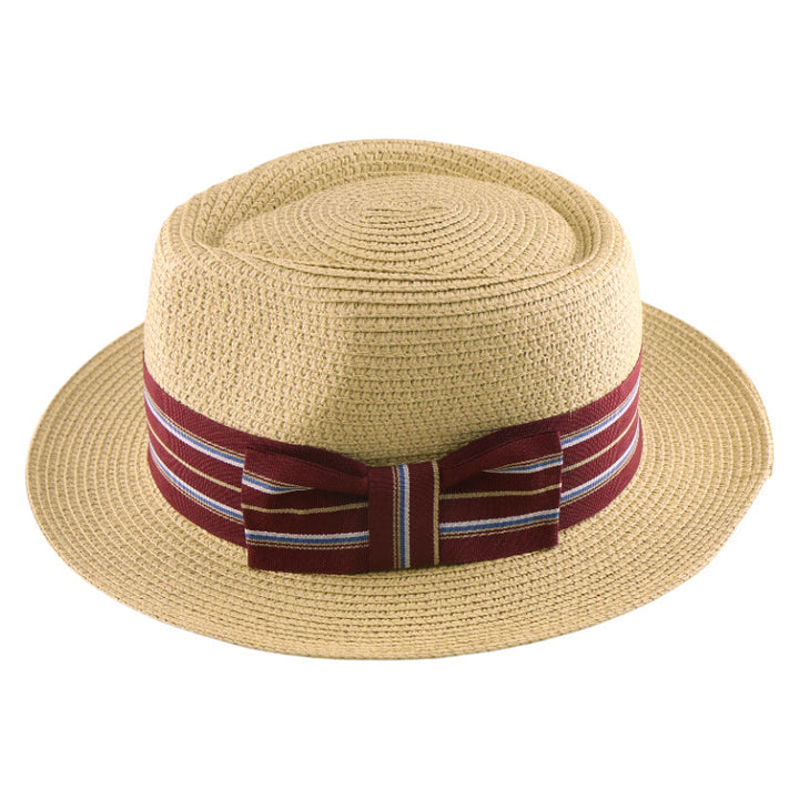 Colorful Striped Band Bow Men's Woven Cowboy Hat - Beige - Wine red striped band - Adjustable (21 5/8"-23 1/4") - image 9