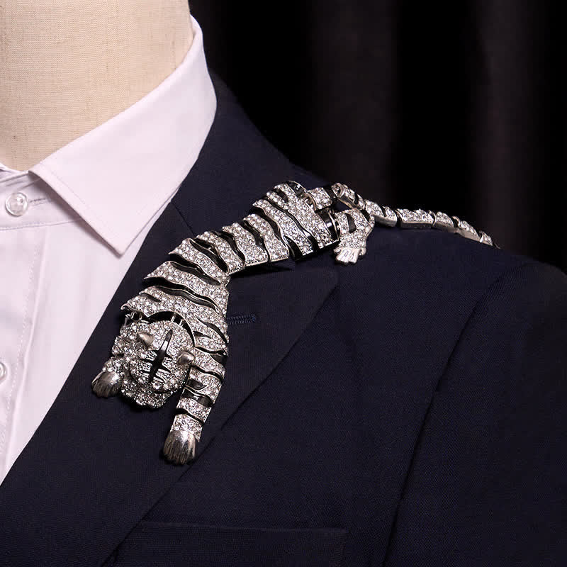 Men's Majestic Tiger Large Luxury Sparkling Rhinestone Brooch - Silver - image 0