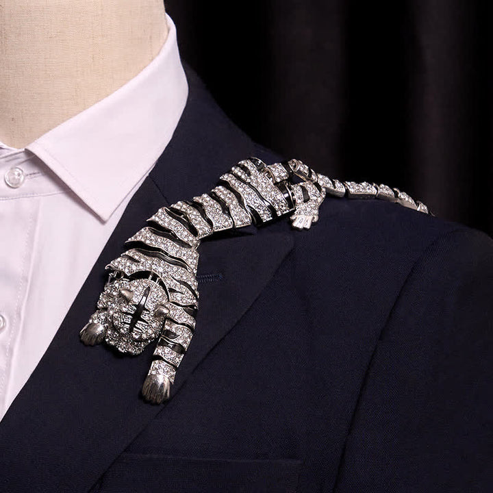 Men's Majestic Tiger Large Luxury Sparkling Rhinestone Brooch - Silver - image 0