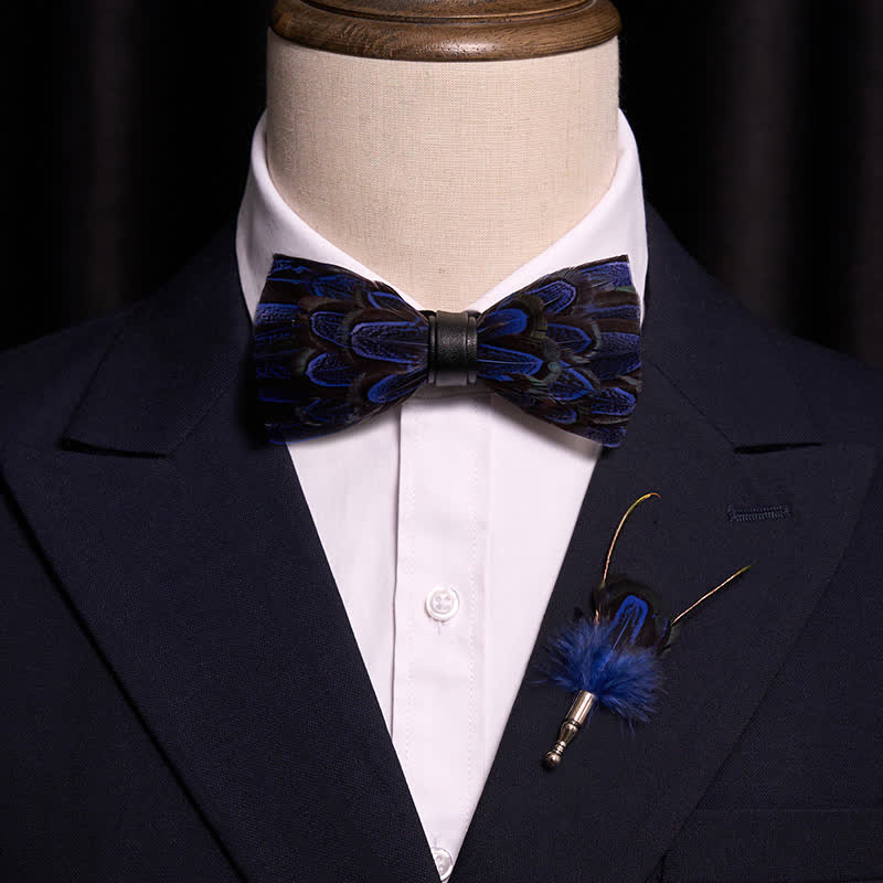 Royal Blue & Black Peacock Feather Bow Tie with Lapel Pin - image 1