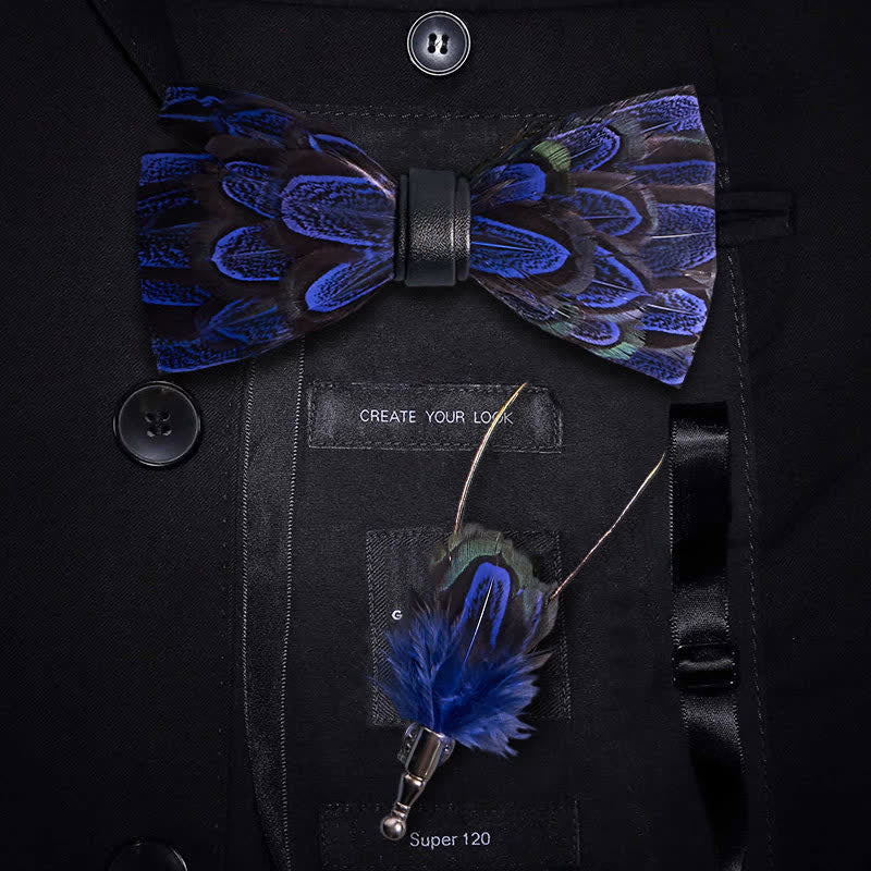 Royal Blue & Black Peacock Feather Bow Tie with Lapel Pin - MidnightBlue & Black - image 0