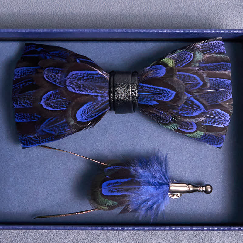 Royal Blue & Black Peacock Feather Bow Tie with Lapel Pin - image 3